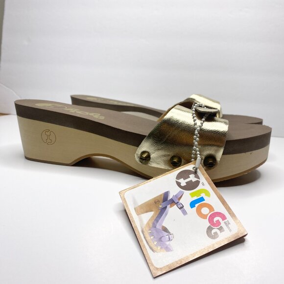 NWT Flogg Melanie Sandals Gold Leather Wooden Platform Retro Slides Y2K Size 7.5 - Picture 5 of 9